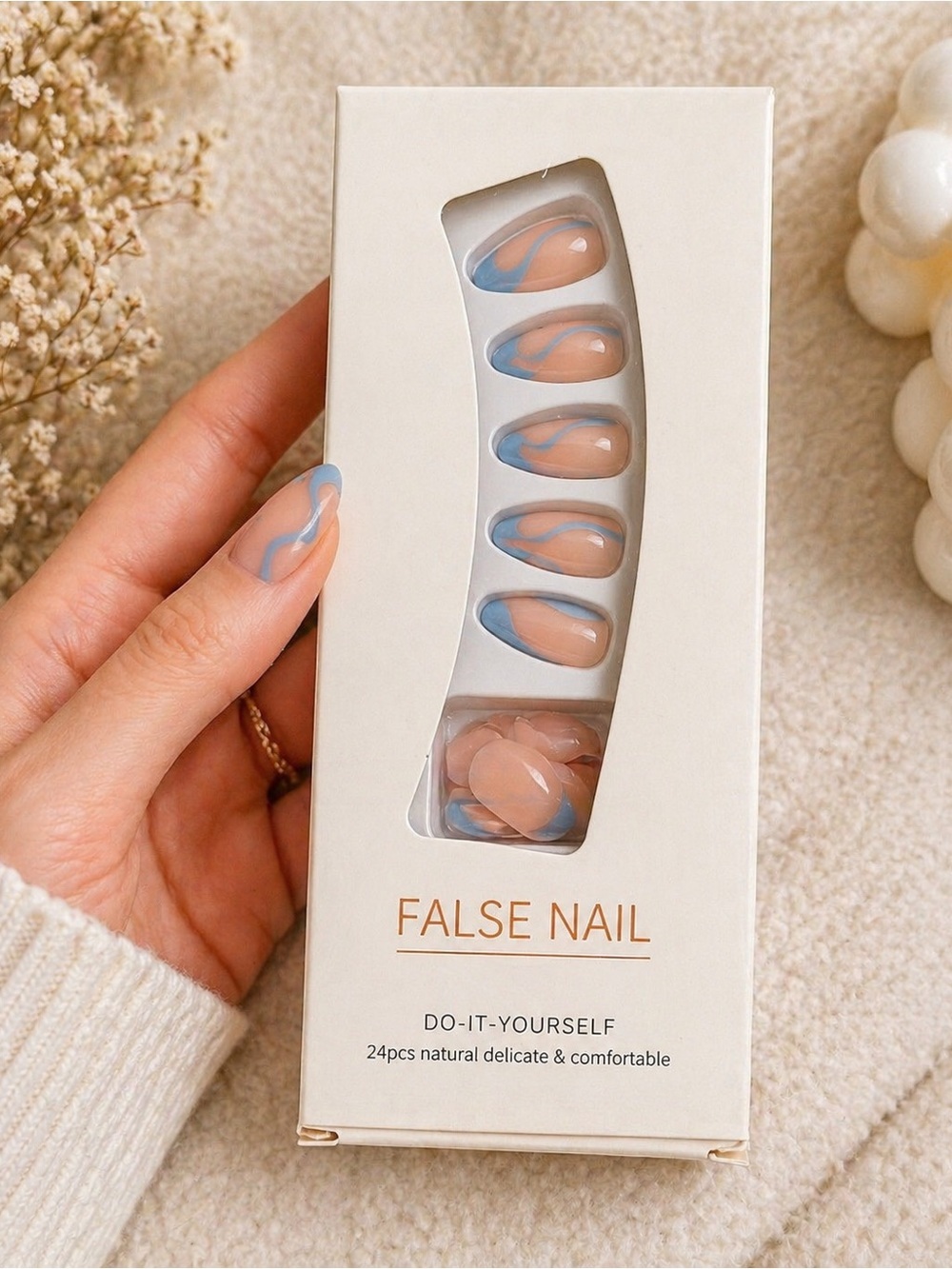 💖 Nude Pink Blue Swirl French Tip Press On Nails‎ New 24pc Set